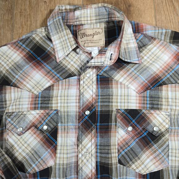 Wrangler Western Shirt Men’s L Sawtooth Pearl Snap Foil Print WM884BR Cowboy Rod - Picture 2 of 6